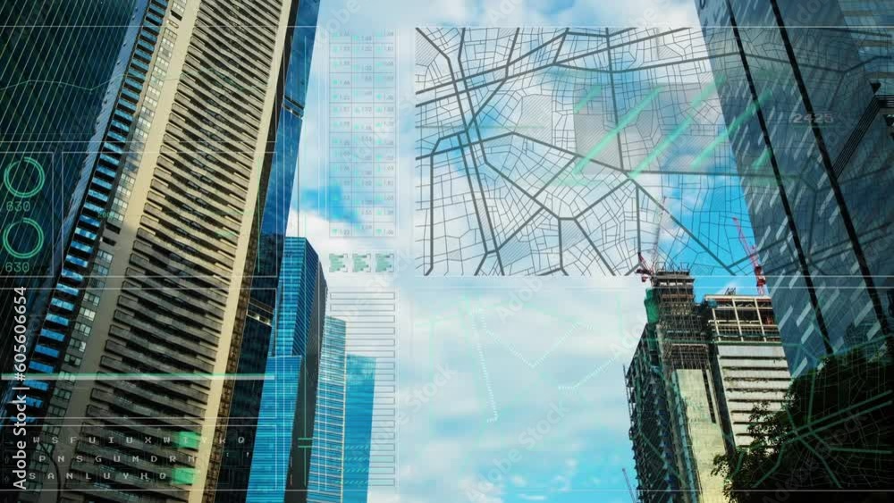 Poster animation of interface with data processing over low angle view of tall buildings against blue sky