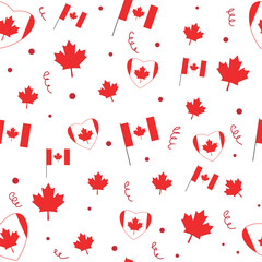 Seamless pattern with Canadian flags and red maple leaves. The concept of the holiday of Independence Day of Canada.