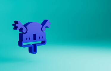 Blue Viking in horned helmet icon isolated on blue background. Minimalism concept. 3D render illustration