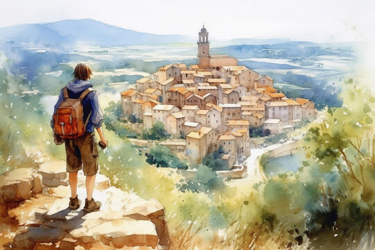 Illustration  in a watercolor style. Travelling boyl with backpage looking down at beautiful town from hill.  Viewed from behind. Generative AI.