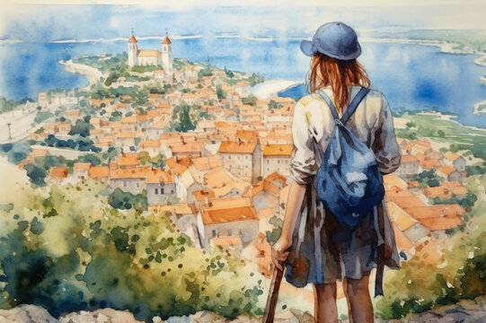 Illustration  in a watercolor style. Travelling girl with backpage and cap looking down at beautiful town from viewing platform.  Viewed from behind. Generative AI.