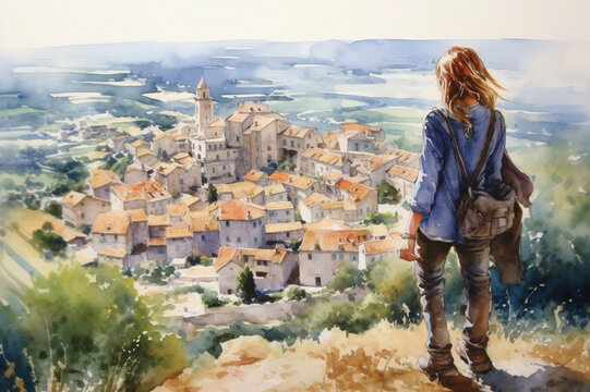 Illustration  in a watercolor style. Travelling young woman  looking down at beautiful town from hill.  Viewed from behind. Generative AI.