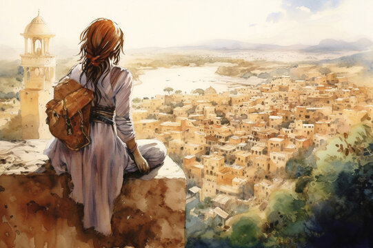 Illustration  in a watercolor style. Travelling girl looking down at beautiful town from viewing platform.  Viewed from behind. Generative AI.