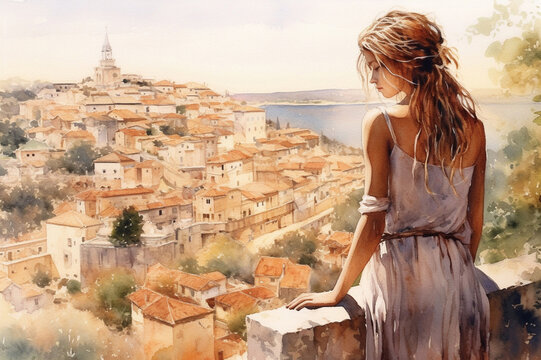 Illustration of young woman  looking down at  beautifull town from the hill, viewed from profile in a watercolor style. Generative AI.