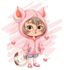 Little Cat Girl Hybrid in Fantasy Cartoon Style