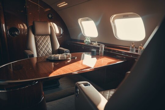 Sunlit luxury interior of modern business jet. Generative AI
