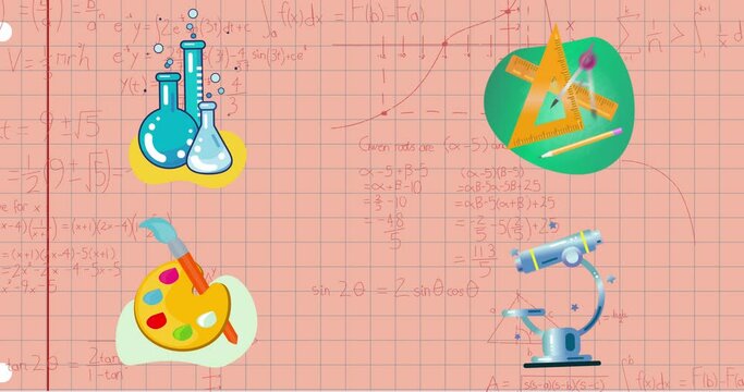Animation of school concept icons and mathematical equations on pink square lined paper background