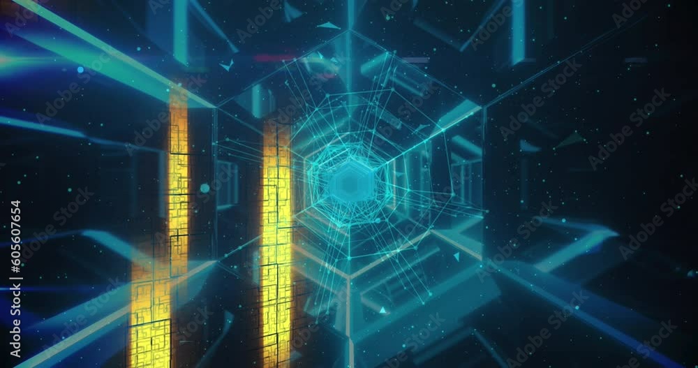 Poster animation of light trails and spinning globe over glowing hexagonal tunnel in seamless pattern