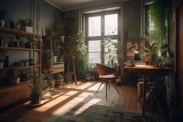 Fototapeta na wymiar Cozy hipster flat with warm hues, natural wood finishes & green tree view - perfect city sanctuary. Generative AI