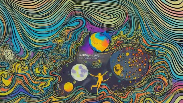 Generative AI animation of psychedelic sketch cartoon of 2 humans. Crazy colorful background.