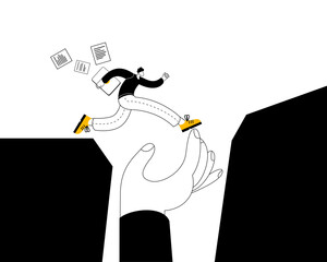 An employee in casual clothes jumps over the abyss leaning on a supporting hand. Vector illustration on the topic of helping the movement to success in a career.