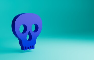 Blue Skull icon isolated on blue background. Happy Halloween party. Minimalism concept. 3D render illustration