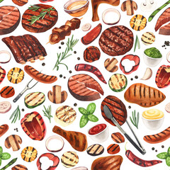 Watercolor seamless pattern barbecue. Elements for cooking bbq - grill, chicken and meat. Hand-drawn illustration isolated on white background. Perfect concept food menu, food drawing, design packing