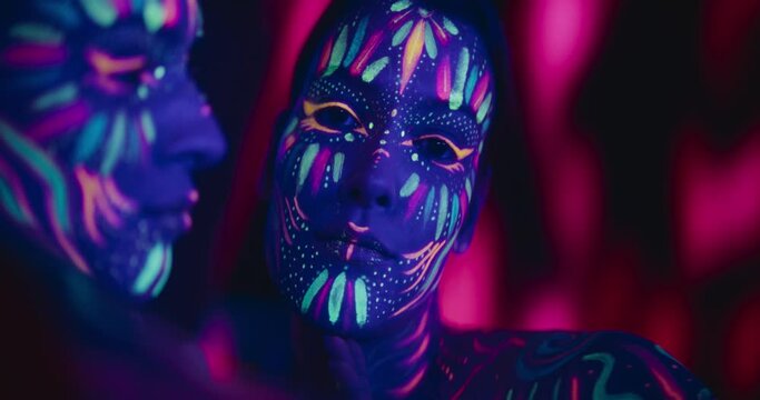 Young Female Model Poses with Neon Body and Face Paint in a Dark Studio, Creatively Using a Mirror Reflection for a Fashionable Beauty Shoot. Girl Creating Unique Style and Artistic Presence