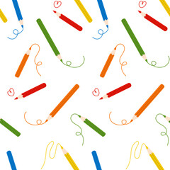 Colored pencils with scribble lines seamless pattern. Colorful crayons drawing strokes, heart. Art, creating, education concept. Back to school. Vector illustration