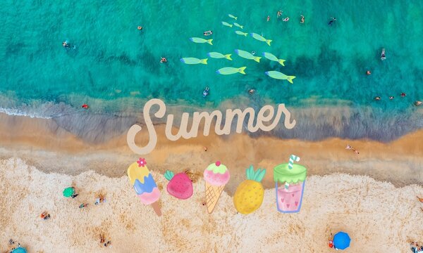 Verano
Letras "Summer" con fondo de fotografía y dibujos
Helados, peces, playa
