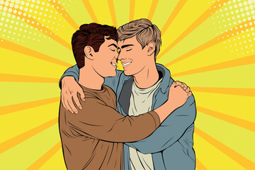 Homosexual couple hugging and kissing. Pride gay boys love vector illustration in pop art retro comic style