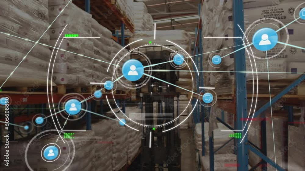 Wall mural Animation of scope over network of digital icons against male worker operating forklift at warehouse