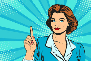 Woman pointing finger up. Illustration in pop art retro comic style.