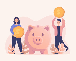 Man and woman putting coins in the piggy bank. Finance, investment, money saving concept vector illustration