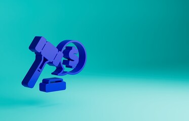 Blue Auction hammer price icon isolated on blue background. Gavel - hammer of judge or auctioneer. Bidding process, deal done. Auction bidding. Minimalism concept. 3D render illustration
