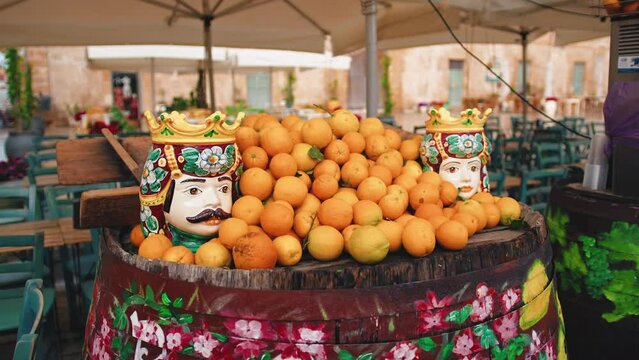 Fresh orange fruit with moro head in a restaurant of Sicily