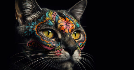 Closeup of a cat as la Muerte with bright art painted muzzle on black background. Banner with copy space. AI generative
