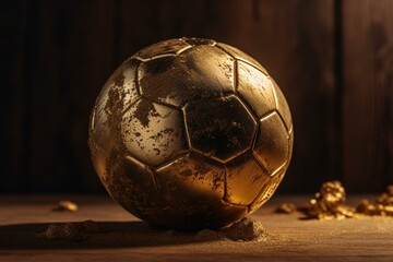 Isolated golden soccer ball on a gold backdrop. Generative AI
