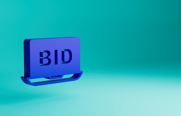 Blue Online auction icon isolated on blue background. Bid sign. Auction bidding. Sale and buyers. Minimalism concept. 3D render illustration