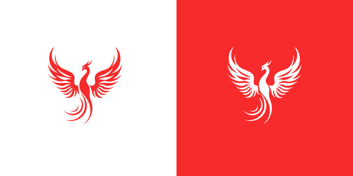 Abstract red and white phoenix logo design template on red and white background . Vector Illustration logotype