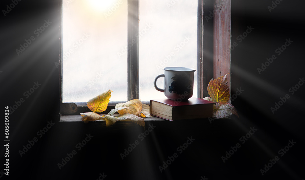 Wall mural coffee mug and book on windowsill