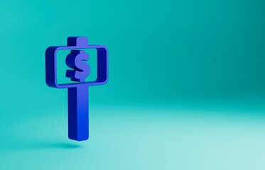 Blue Hand holding auction paddle icon isolated on blue background. Bidding concept. Auction competition. Hands rising signs with BID inscriptions. Minimalism concept. 3D render illustration