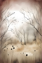 A landscape scene in watercolor of a dry grassy field and trees. (AI-generated fictional illustration)
