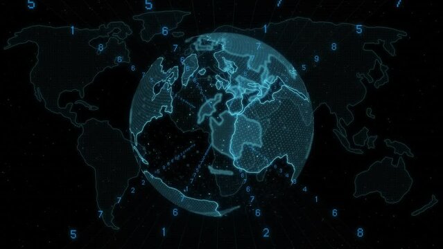 Animation of changing numbers over spinning globe and world map against black background