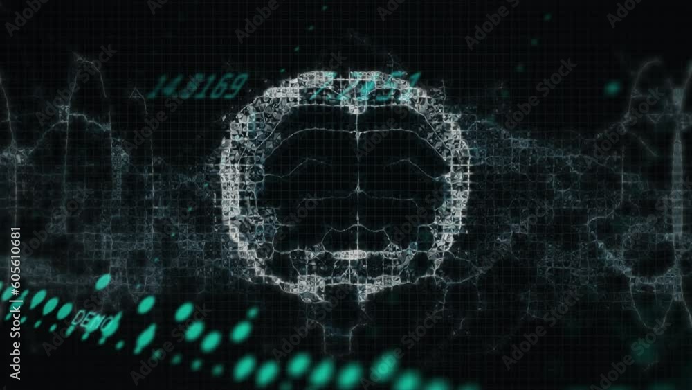 Aufkleber animation of data processing over spinning human brain icon and digital wave on black background