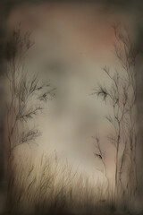 A landscape scene in watercolor of a dry grassy field and trees. (AI-generated fictional illustration)