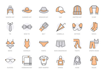 Clothing accessory line icon set. Bow tie, handkerchief, woman hat, sunglasses, umbrella, hijab, socks minimal vector illustrations. Simple outline signs for fashion app. Orange color Editable Stroke