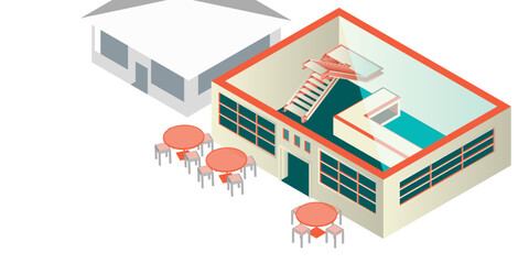 Illustration of a flat vector isometric cafe building icon. Perfect for representing restaurants, cafeterias, and other food-related businesses. Infographic design with exterior view, sign, property