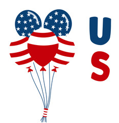 Set of balloons, painted as an American flag. Red, blue, white, striped and with stars. Heart-shaped and round. Design elements for holidays, Independence Day, Presidents Day etc. Isolated on white
