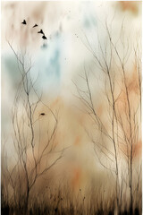 A landscape scene in watercolor of a dry grassy field and trees. (AI-generated fictional illustration)