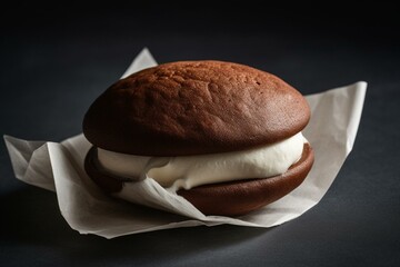 Isolated whoopie pie dessert on napkin against gray background. Generative AI