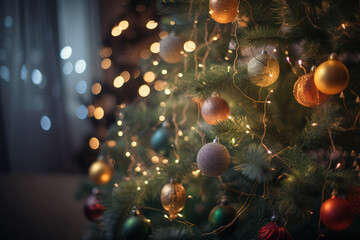 Christmas tree with baubles and blurred shiny lights