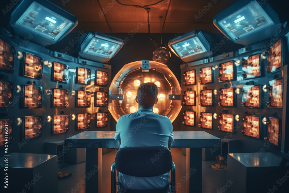 Poster man looking at a glowing lightbulb in a medical science center. generative ai.