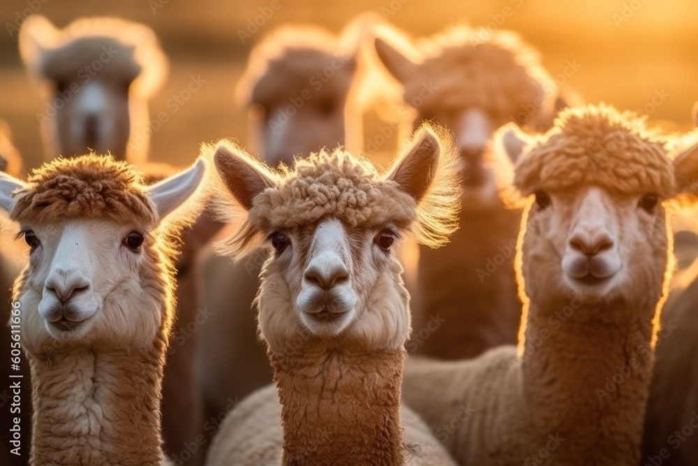 Wall mural Group of alpaca in a farm sunset light. Generative AI.