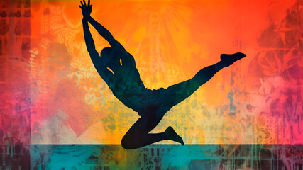 Silhouette of a person jumping in the air against colourful background. Generative AI.