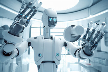 3d rendering humanoid robot working in modern office space, future technology concept. Generative AI.