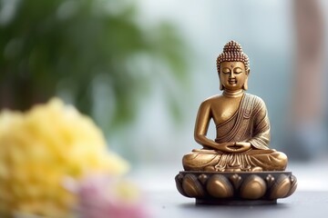 Buddha statue and flower on blurred background, Buddhism concept. Generative AI.