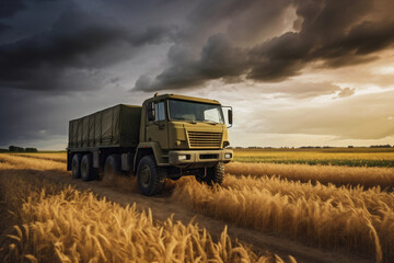 Military truck on the wheat field with dramatic sky and clouds in background. Generative AI.
