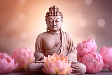 Buddha statue with lotus flower in background. Generative AI.