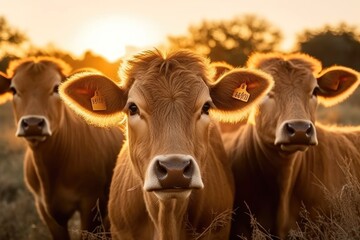 Cows in the meadow at sunset. Close-up. Generative AI.